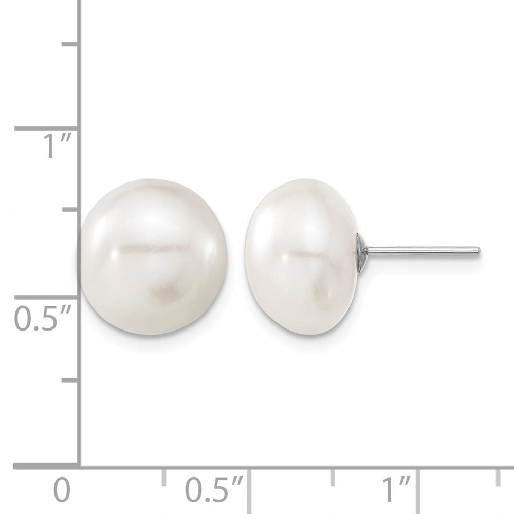 14K White Gold 11-12mm White Button Freshwater Pearl Stud Earrings