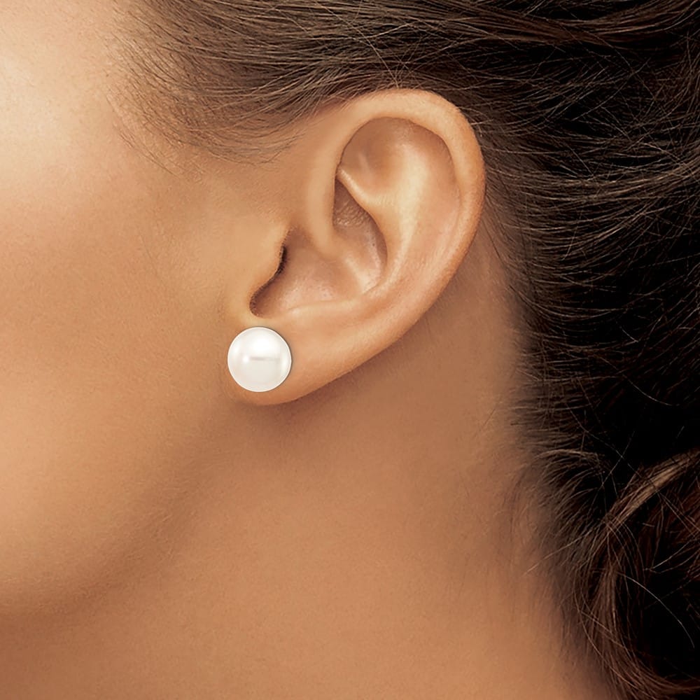 14K White Gold 11-12mm White Button Freshwater Pearl Stud Earrings