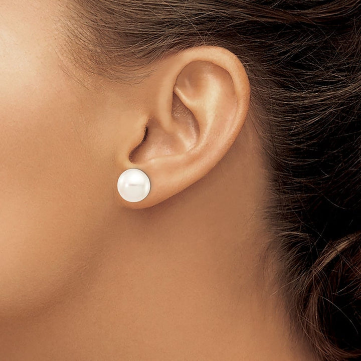 14K White Gold 11-12mm White Button Freshwater Pearl Stud Earrings