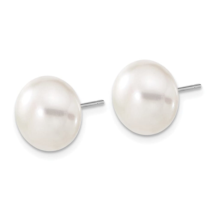 14K White Gold 11-12mm White Button Freshwater Pearl Stud Earrings