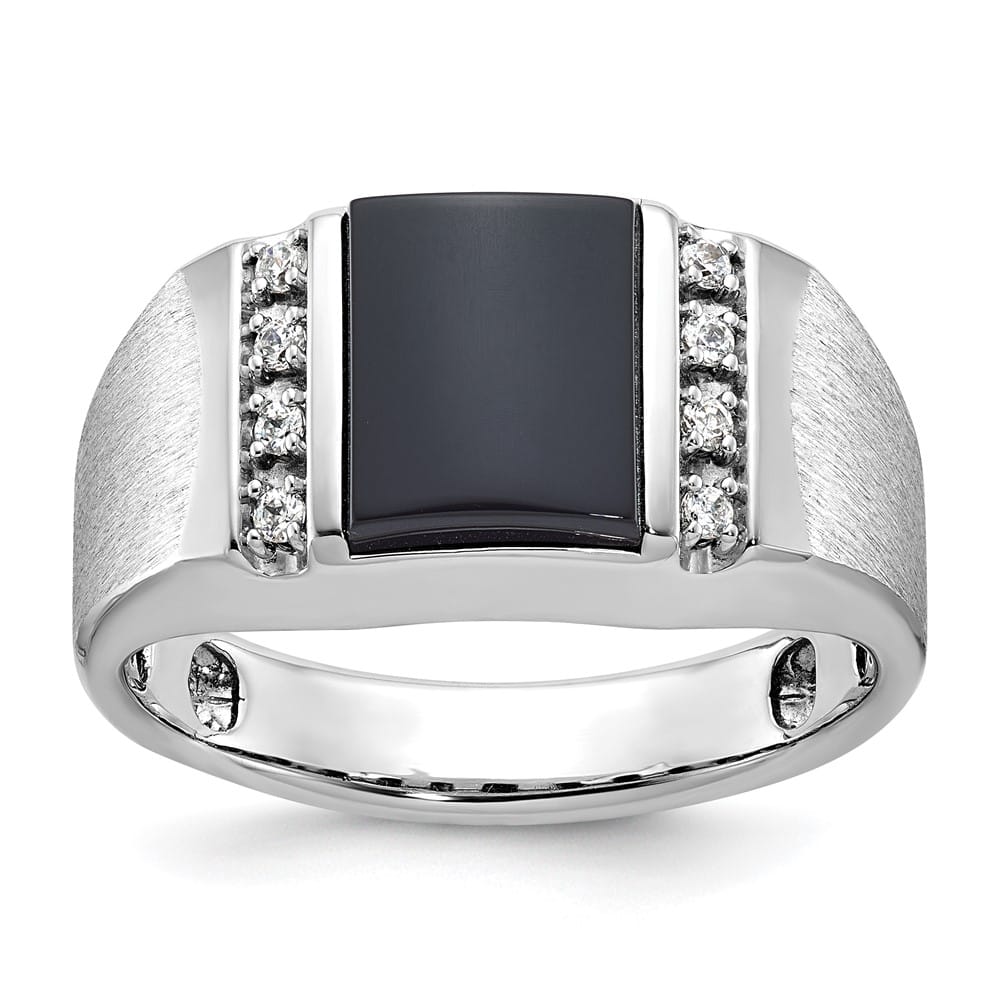 14k White Gold 11.9 mm Satin Rectangle Onyx Diamond Men's Ring