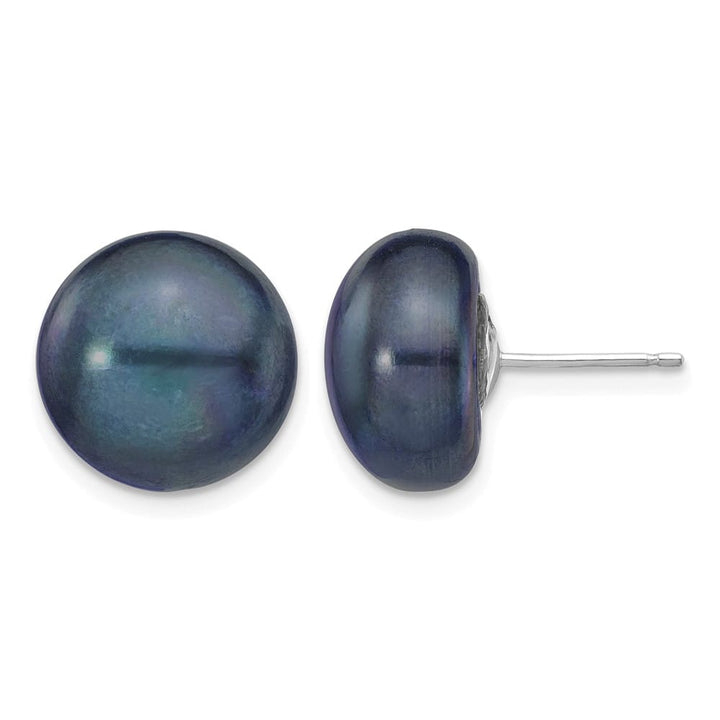 14K White Gold 12-13mm Black Button Freshwater Pearl Stud Earrings