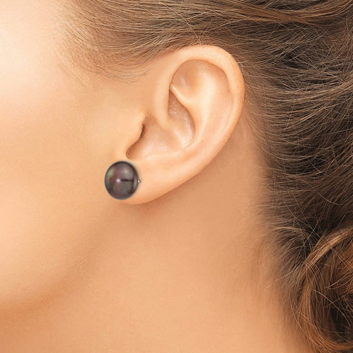 14K White Gold 12-13mm Black Button Freshwater Pearl Stud Earrings