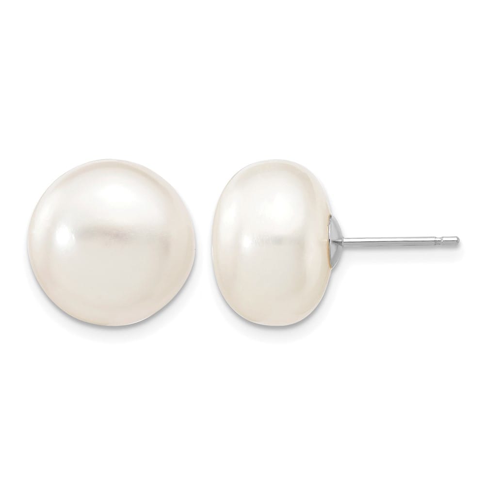 14K White Gold 12-13mm White Button Freshwater Pearl Stud Earrings