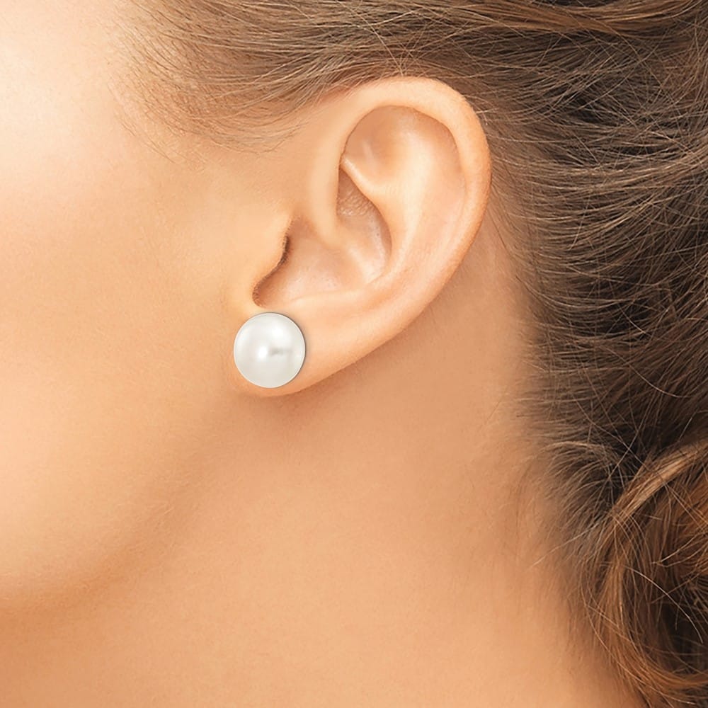 14K White Gold 12-13mm White Button Freshwater Pearl Stud Earrings