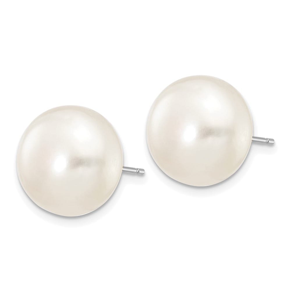 14K White Gold 12-13mm White Button Freshwater Pearl Stud Earrings