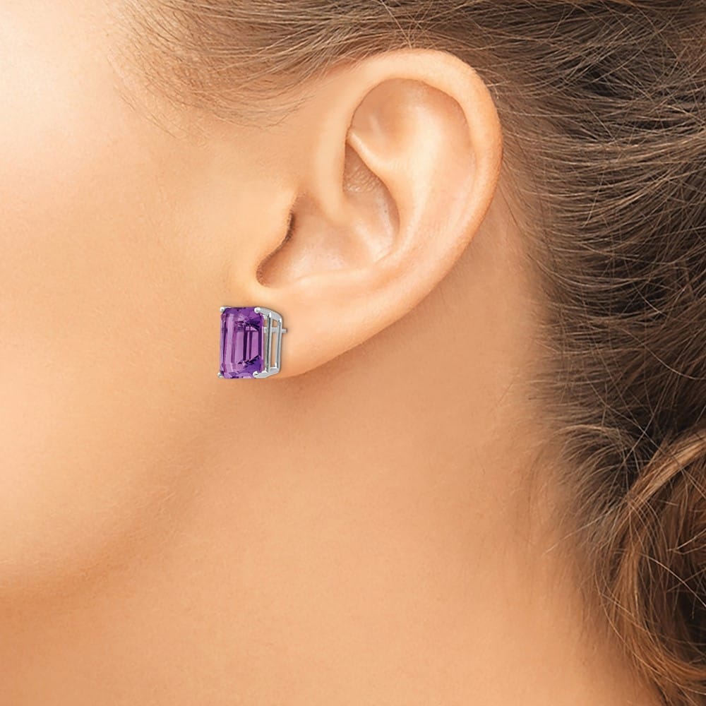 14K White Gold 12x10mm Emerald-Cut Amethyst Post Earrings, view 3 of 4