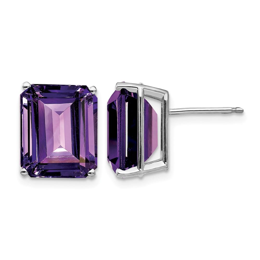 14K White Gold 12x10mm Emerald-Cut Amethyst Post Earrings, view 1 of 4