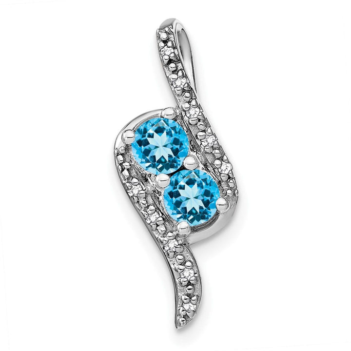 14K White Gold 2-Stone Round Blue Topaz and Diamond Chain Slide