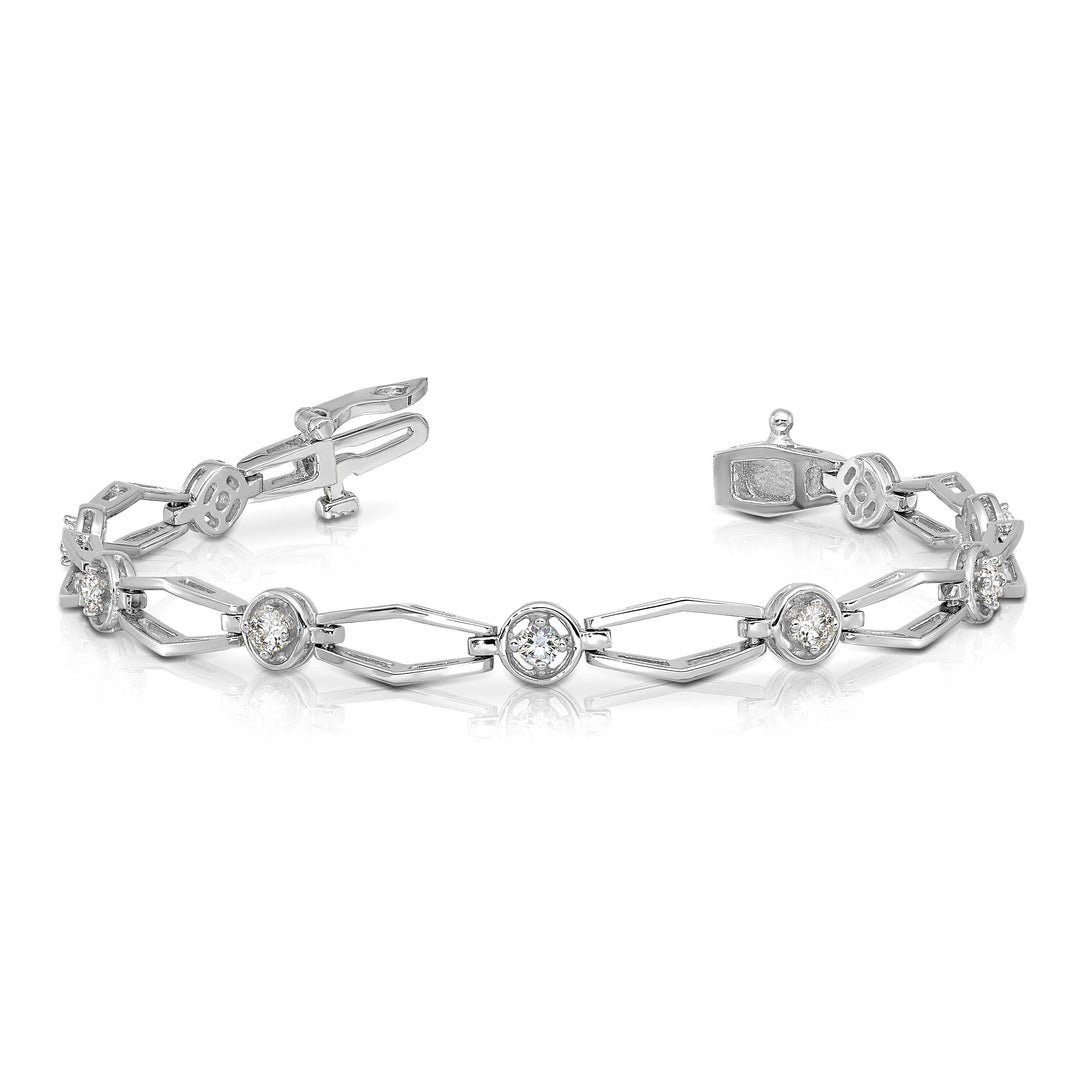 14K White Gold 3/4 carat Round I1 Diamond Fancy Link 7 inch Bracelet