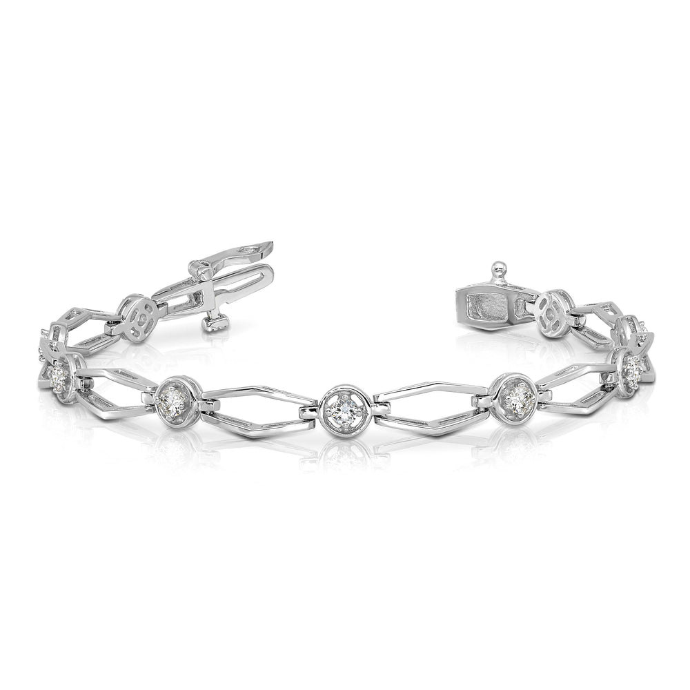 14K White Gold 3/4 carat Round I2 Diamond Fancy Link 7 inch Bracelet