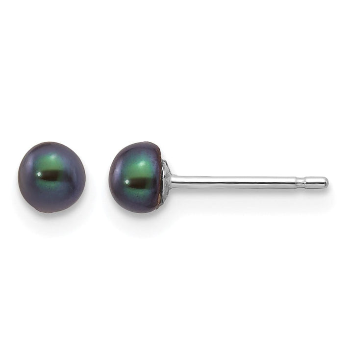 14K White Gold 3-4mm Black Button Freshwater Pearl Stud Post Earrings