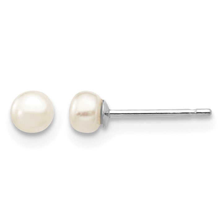 14K White Gold 3-4mm White Button Freshwater Pearl Stud Post Earrings