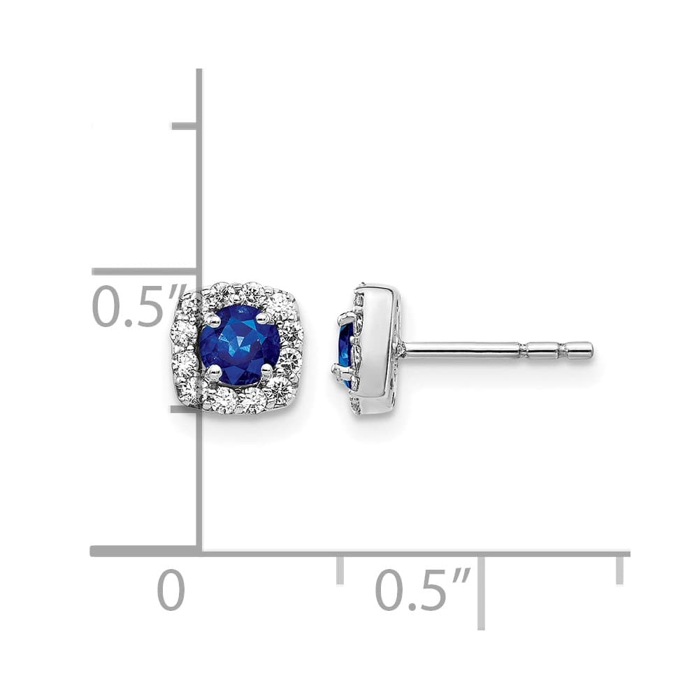 14K White Gold 3.7mm Round Sapphire Diamond Square Halo Post Earrings, view 4 of 4