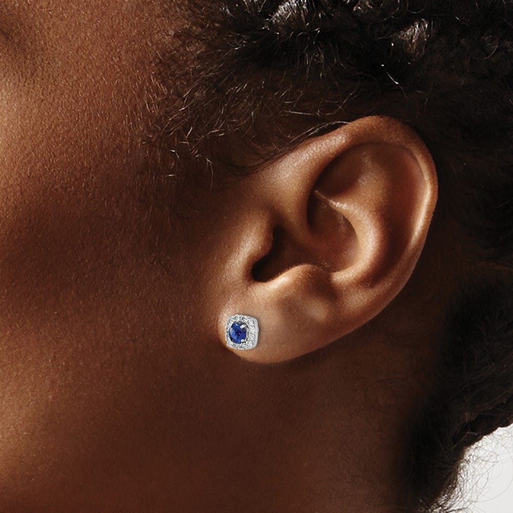 14K White Gold 3.7mm Round Sapphire Diamond Square Halo Post Earrings, view 3 of 4