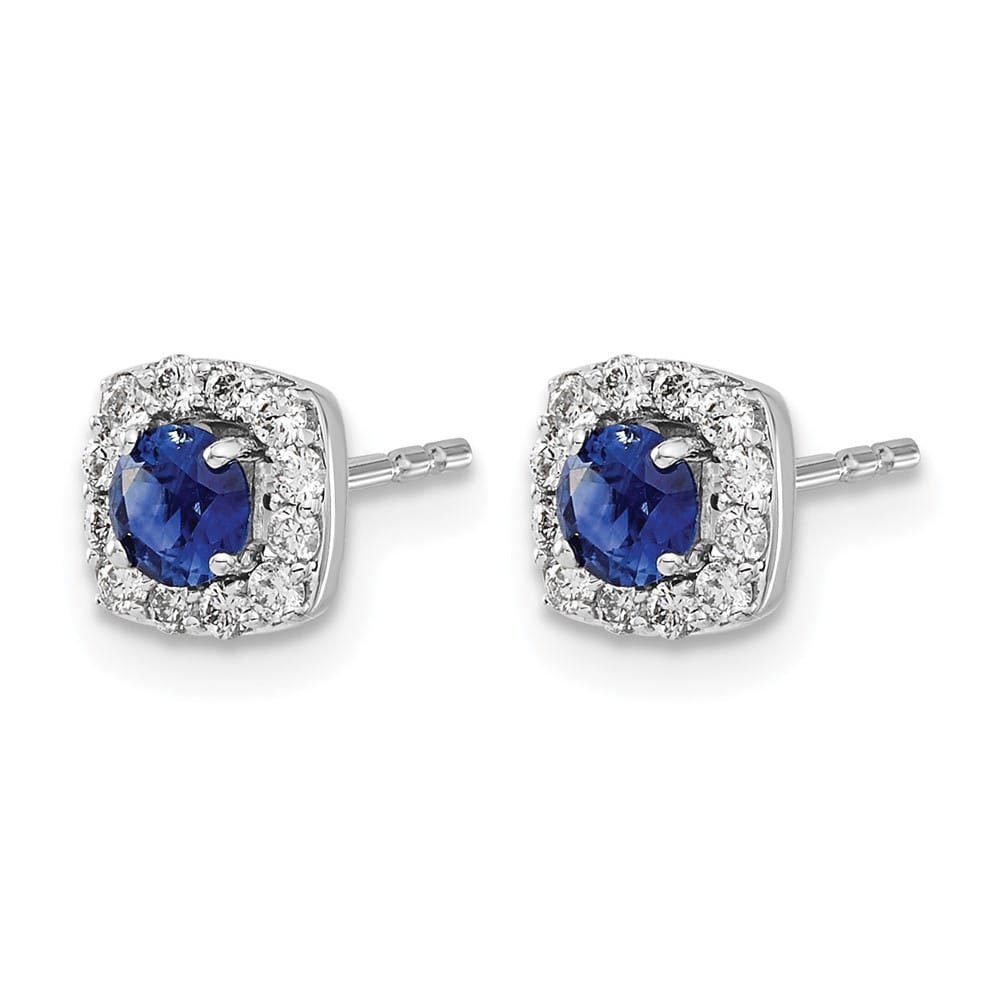 14K White Gold 3.7mm Round Sapphire Diamond Square Halo Post Earrings, view 2 of 4