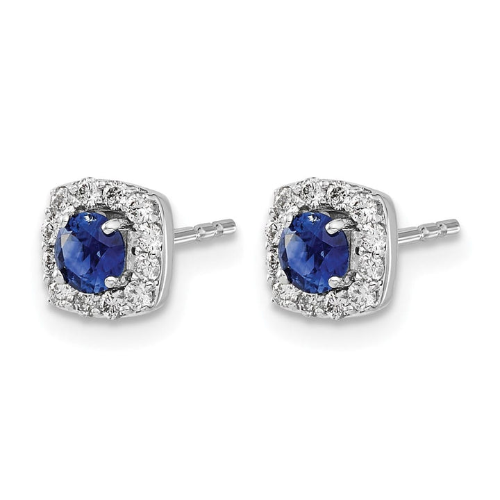 14K White Gold 3.7mm Round Sapphire Diamond Square Halo Post Earrings, view 2 of 4