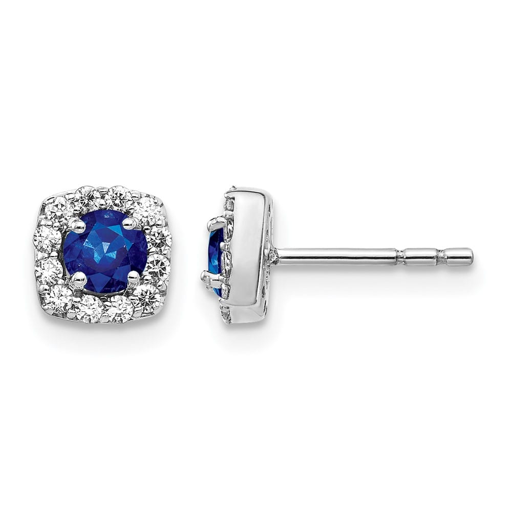 14K White Gold 3.7mm Round Sapphire Diamond Square Halo Post Earrings, view 1 of 4