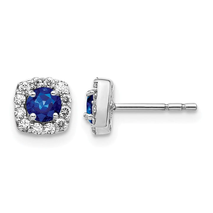 14K White Gold 3.7mm Round Sapphire Diamond Square Halo Post Earrings, view 1 of 4