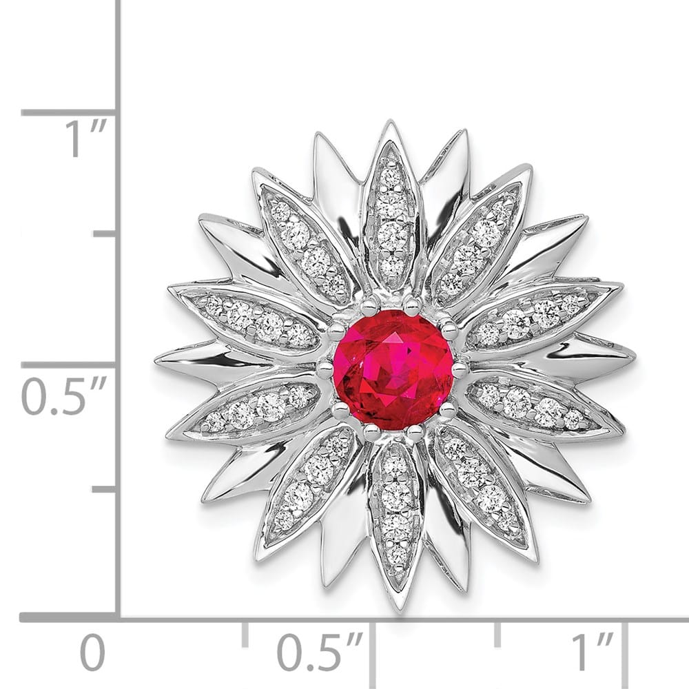 14K White Gold 3/8 Carat Diamond and Ruby Flower Chain Slide