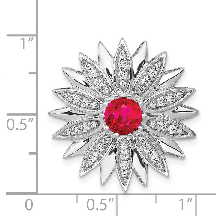 14K White Gold 3/8 Carat Diamond and Ruby Flower Chain Slide
