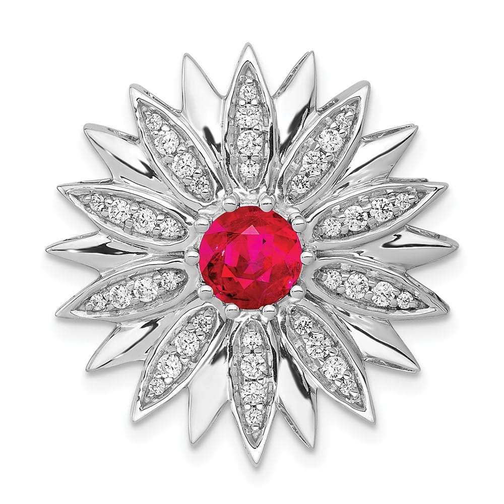 14K White Gold 3/8 Carat Diamond and Ruby Flower Chain Slide