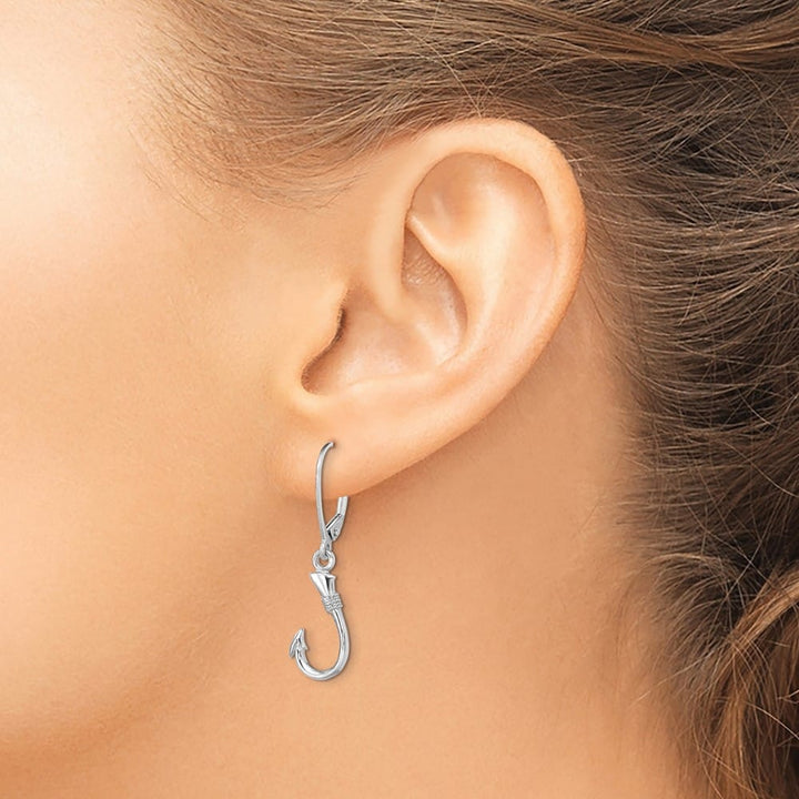 14K White Gold 3-D Fish Hook Dangle Leverback Earrings, view 3 of 4