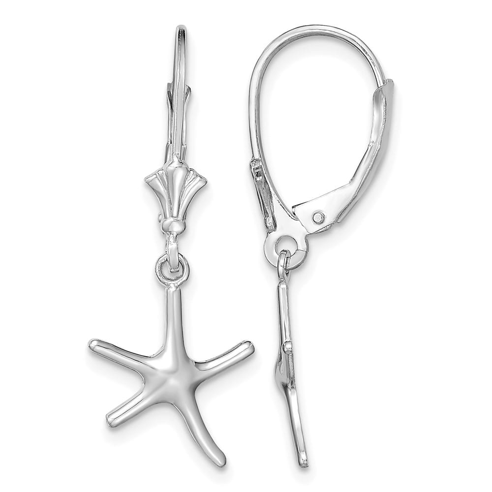 14K White Gold 3-D Mini Starfish Leverback Earrings, view 1 of 2