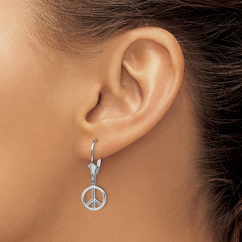 14K White Gold 3-D Peace Symbol Leverback 10.1 x 10.1 mm Earrings, view 3 of 4