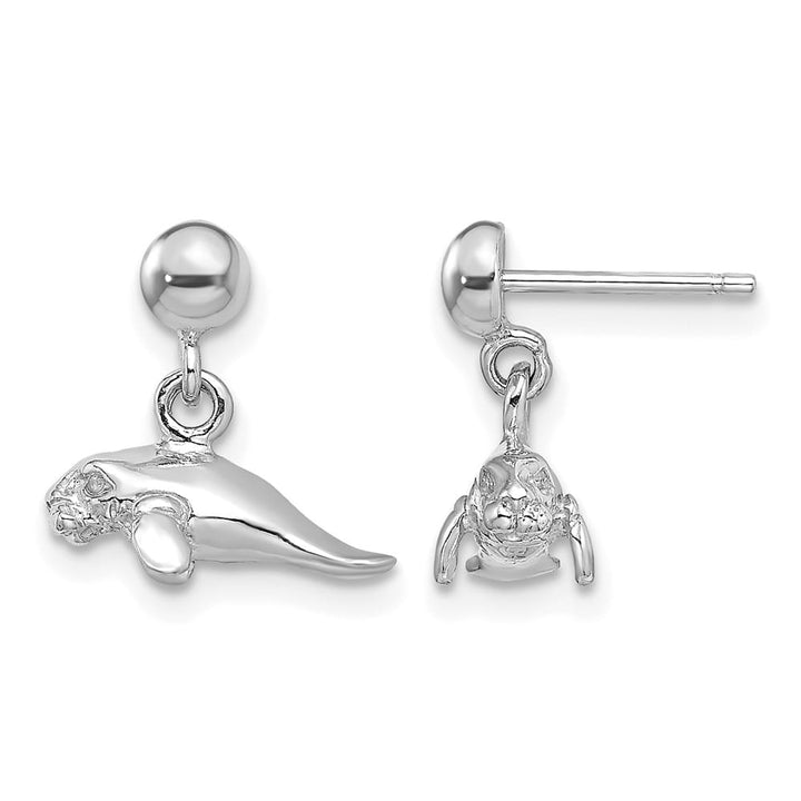 14K White Gold 3-D Polished Mini Manatee Dangle Post Earrings, view 1 of 4