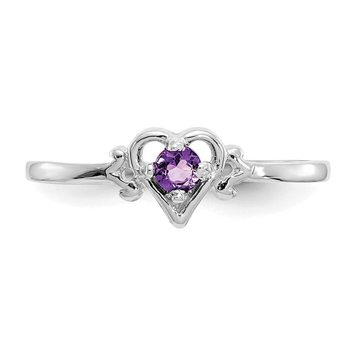 14k White Gold 3 mm Round Amethyst Birthstone Heart Ring