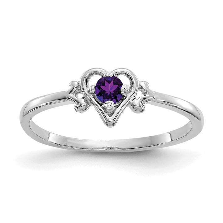 14k White Gold 3 mm Round Amethyst Birthstone Heart Ring