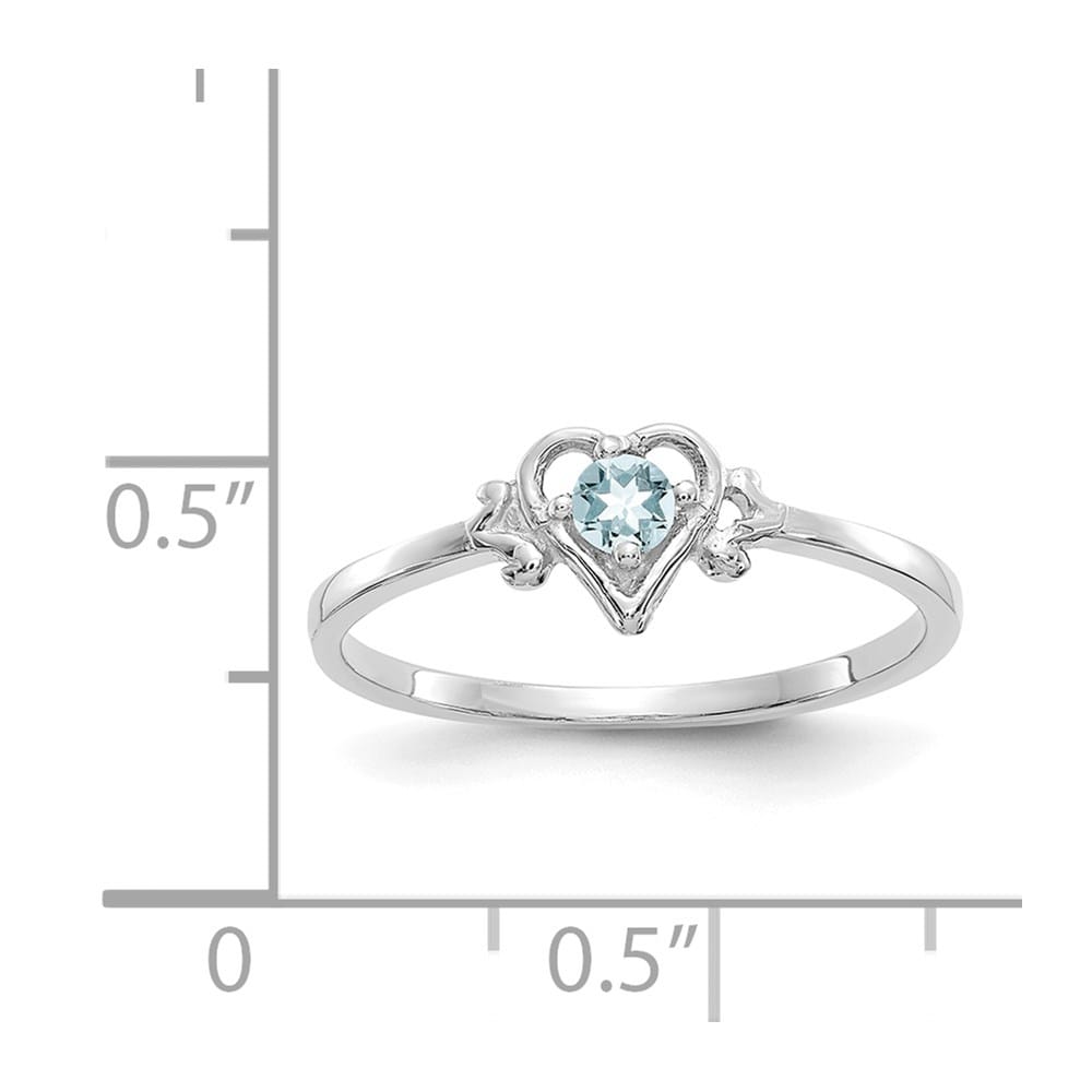 14k White Gold 3 mm Round Aquamarine Birthstone Heart Ring