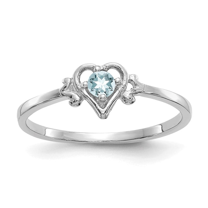 14k White Gold 3 mm Round Aquamarine Birthstone Heart Ring