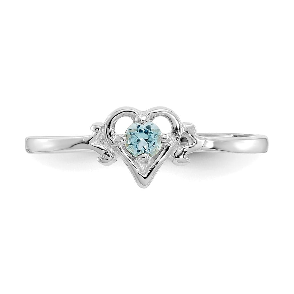 14k White Gold 3 mm Round Blue Topaz Birthstone Heart Ring