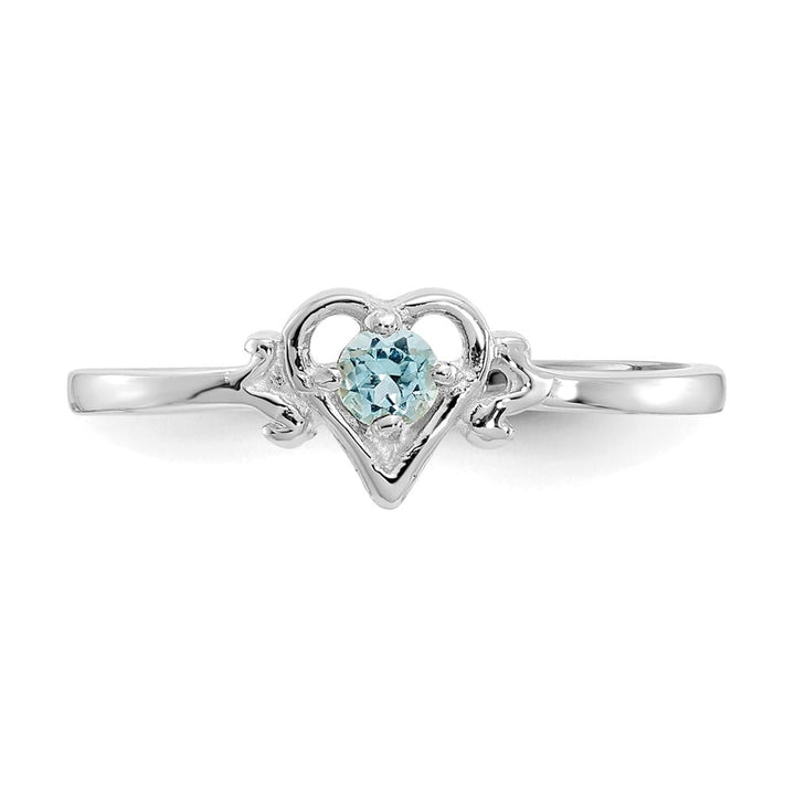 14k White Gold 3 mm Round Blue Topaz Birthstone Heart Ring