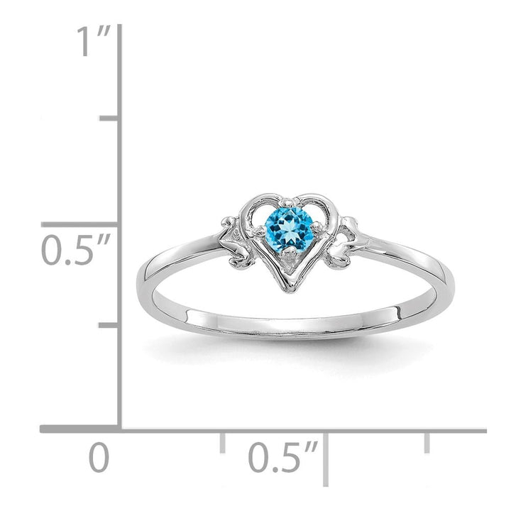 14k White Gold 3 mm Round Blue Topaz Birthstone Heart Ring