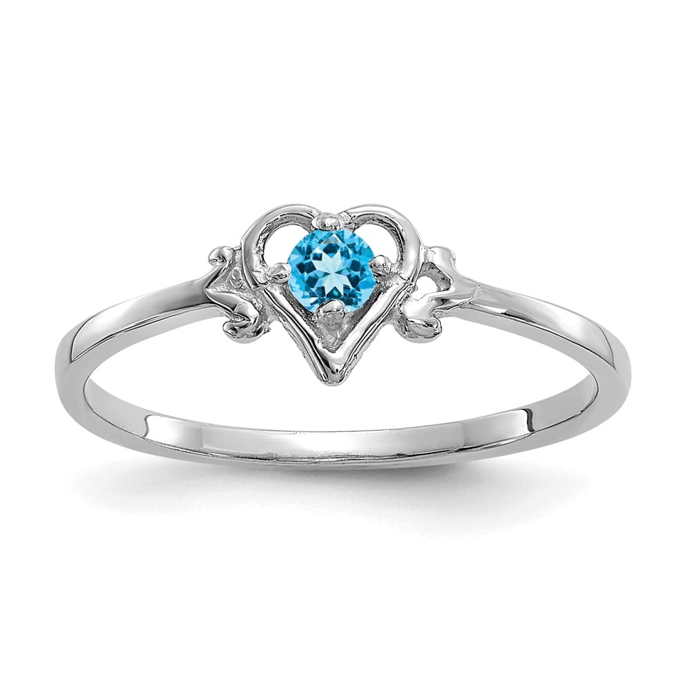 14k White Gold 3 mm Round Blue Topaz Birthstone Heart Ring