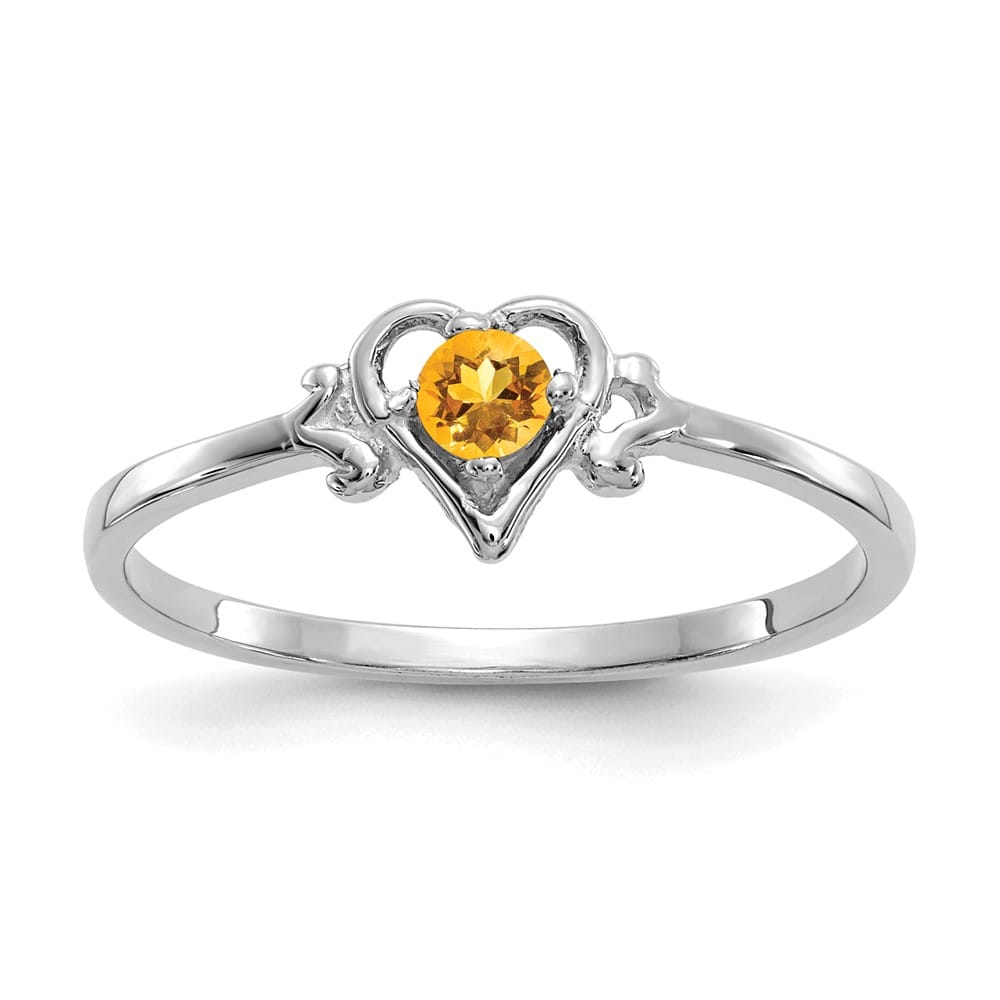 14k White Gold 3 mm Round Citrine Birthstone Heart Ring