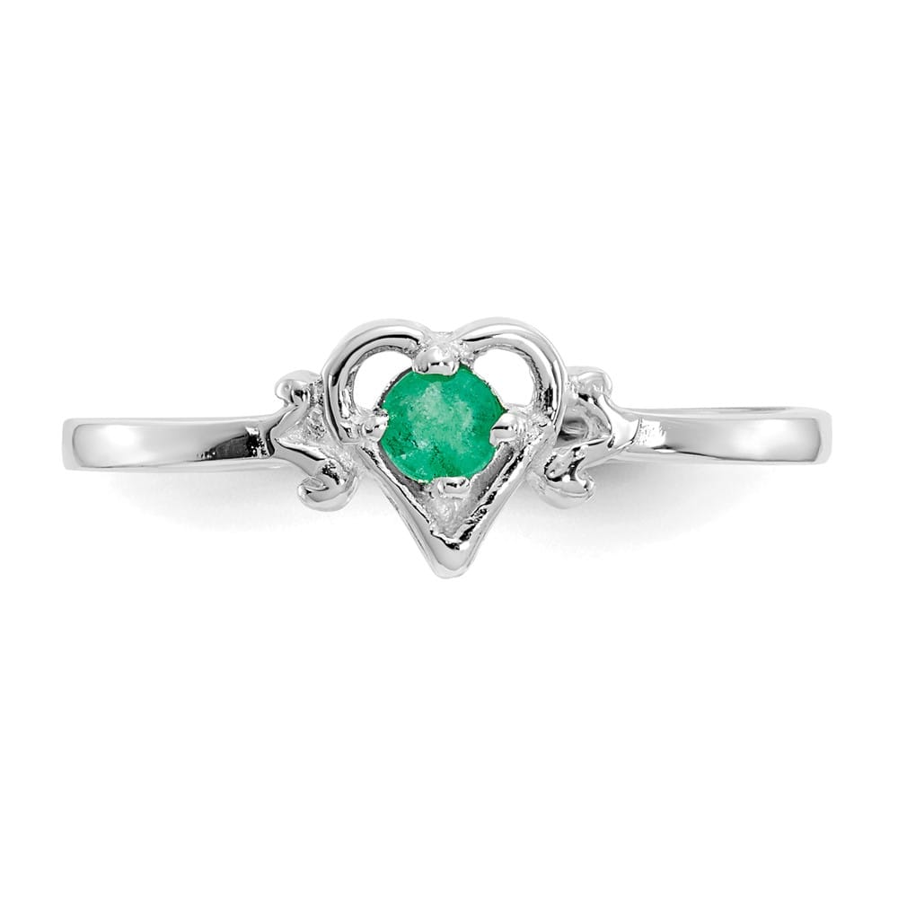 14k White Gold 3 mm Round Emerald Birthstone Heart Ring