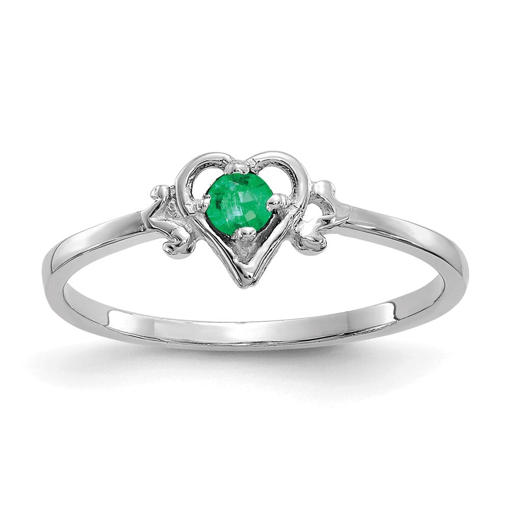 14k White Gold 3 mm Round Emerald Birthstone Heart Ring