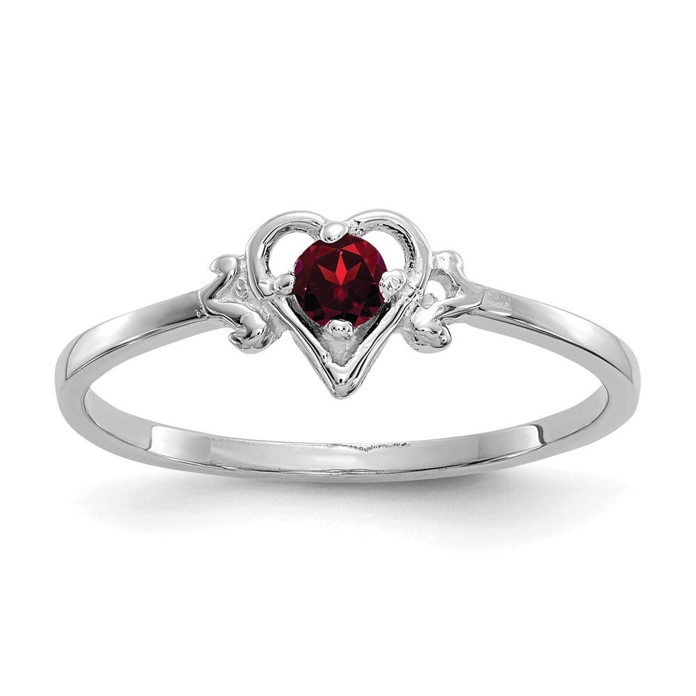 14k White Gold 3 mm Round Garnet Birthstone Heart Ring