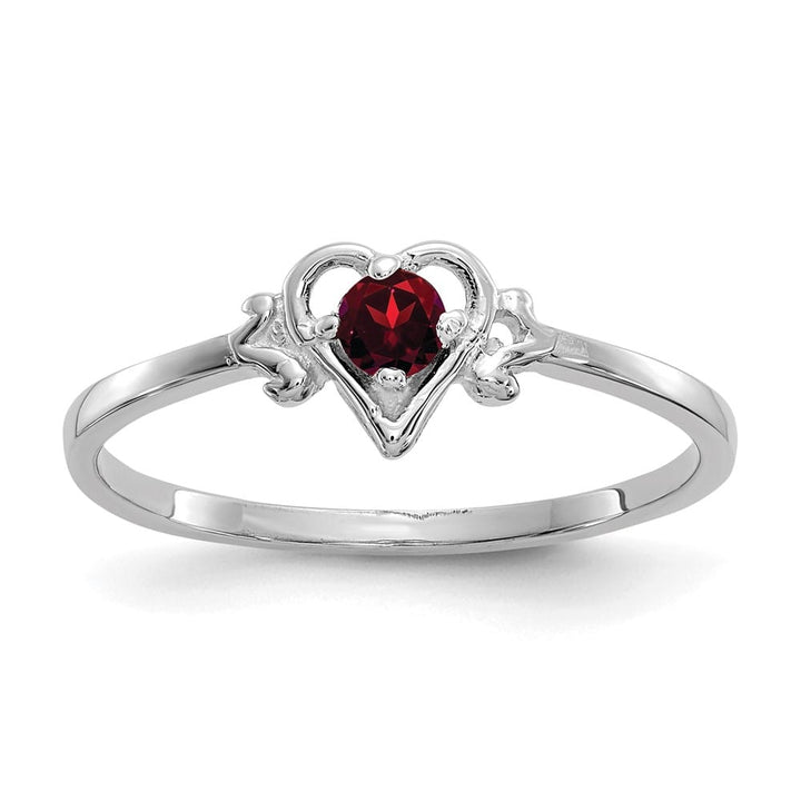 14k White Gold 3 mm Round Garnet Birthstone Heart Ring