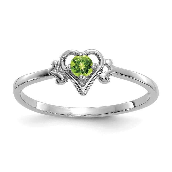 14k White Gold 3 mm Round Peridot Birthstone Heart Ring