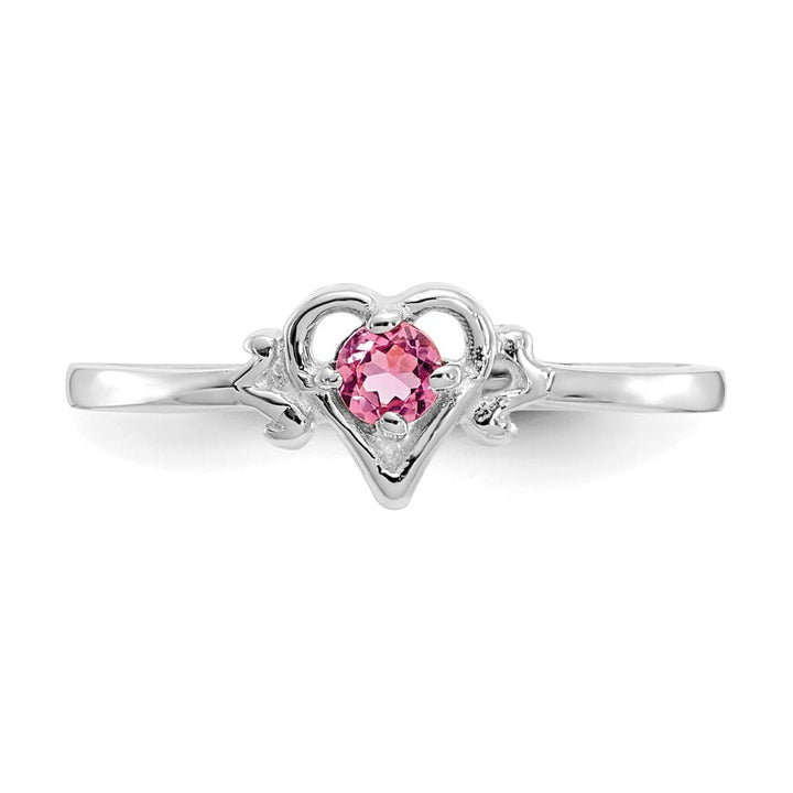 14k White Gold 3 mm Round Pink Tourmaline Birthstone Heart Ring