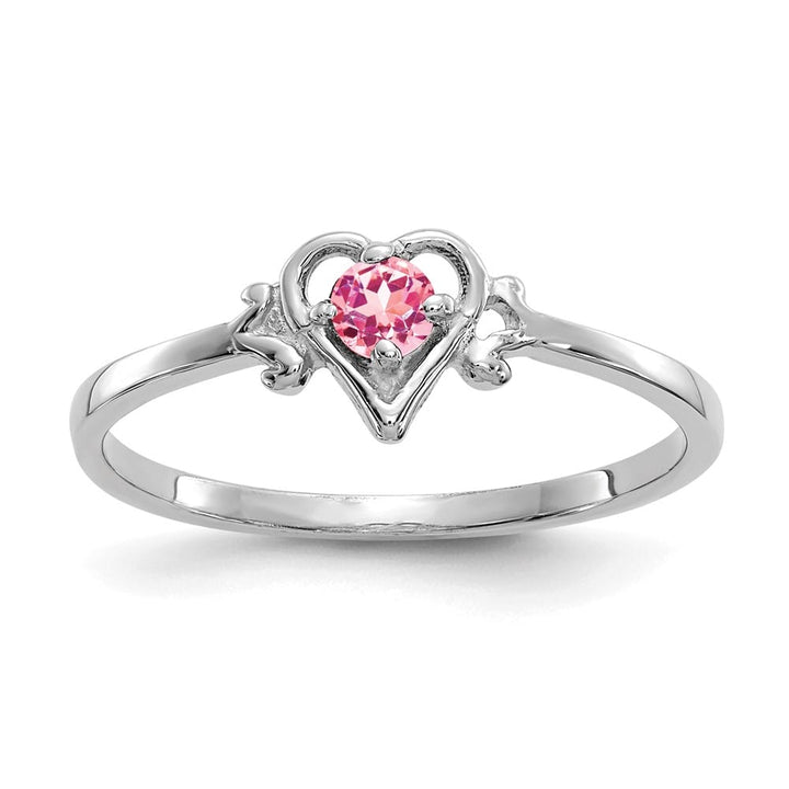14k White Gold 3 mm Round Pink Tourmaline Birthstone Heart Ring