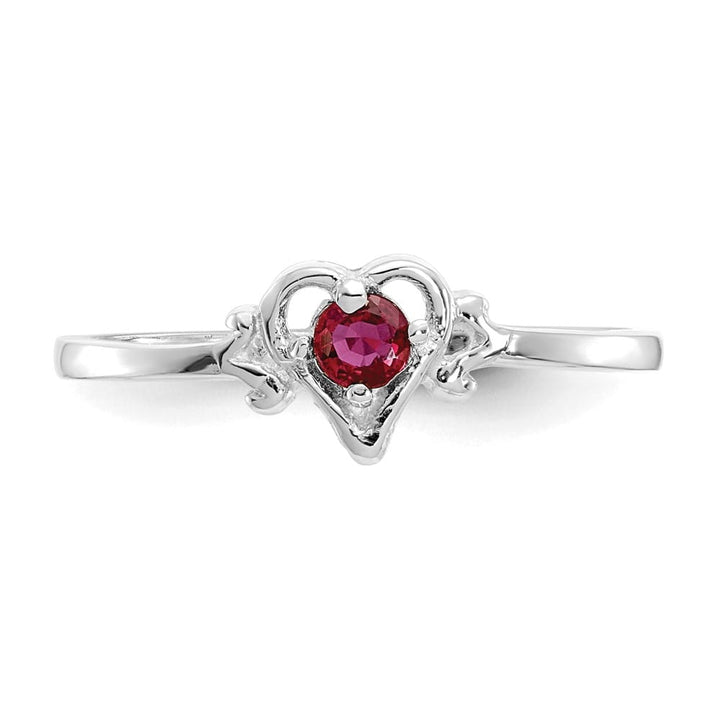 14k White Gold 3 mm Round Ruby Birthstone Heart Ring