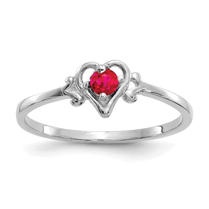 14k White Gold 3 mm Round Ruby Birthstone Heart Ring