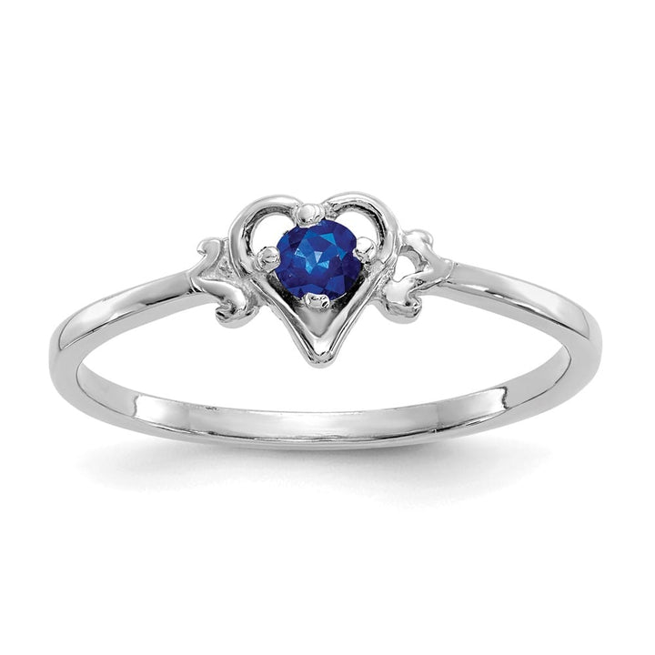 14k White Gold 3 mm Round Sapphire Birthstone Heart Ring