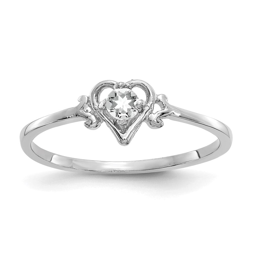 14k White Gold 3 mm Round White Topaz Birthstone Heart Ring